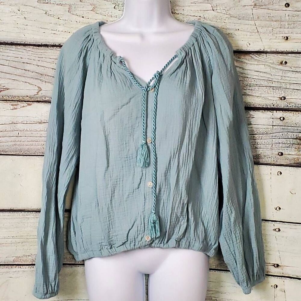Cato Women’s Blue Cotton Peasant Top Tassel Tie Neckline Size 14/16W